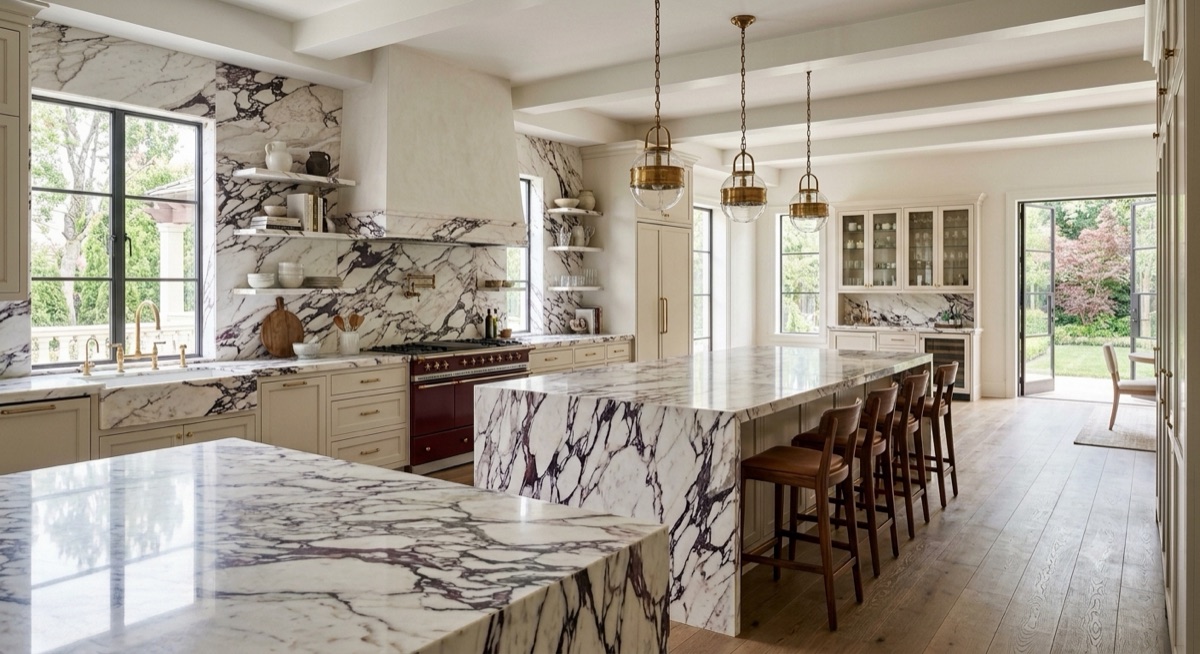 Calacatta Viola marble island and full-height backsplash with the stone's violet veining fully visible through the clear AntiEtch&reg; finish
